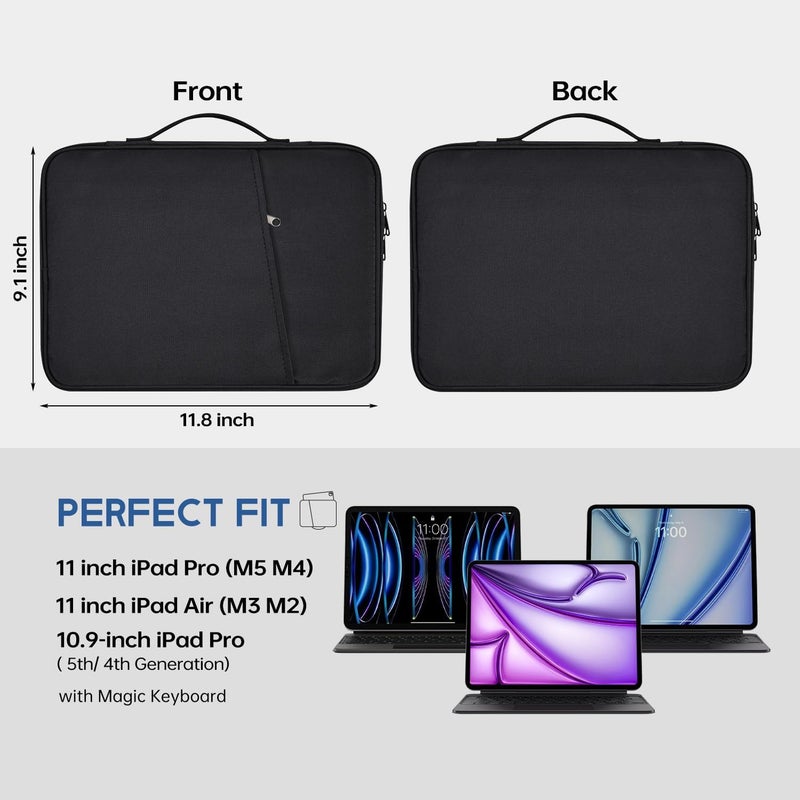 CaseBuy 9-11 inch iPad Sleeve Case, Padded Travel Carrying Bag for 11-inch iPad Pro M5 M4 & iPad Air M2 M3(2025) w/Magic Keyboard,11-in A16 Shockproof Handle Bag Cover Accessory Pocket -Black - Image 2